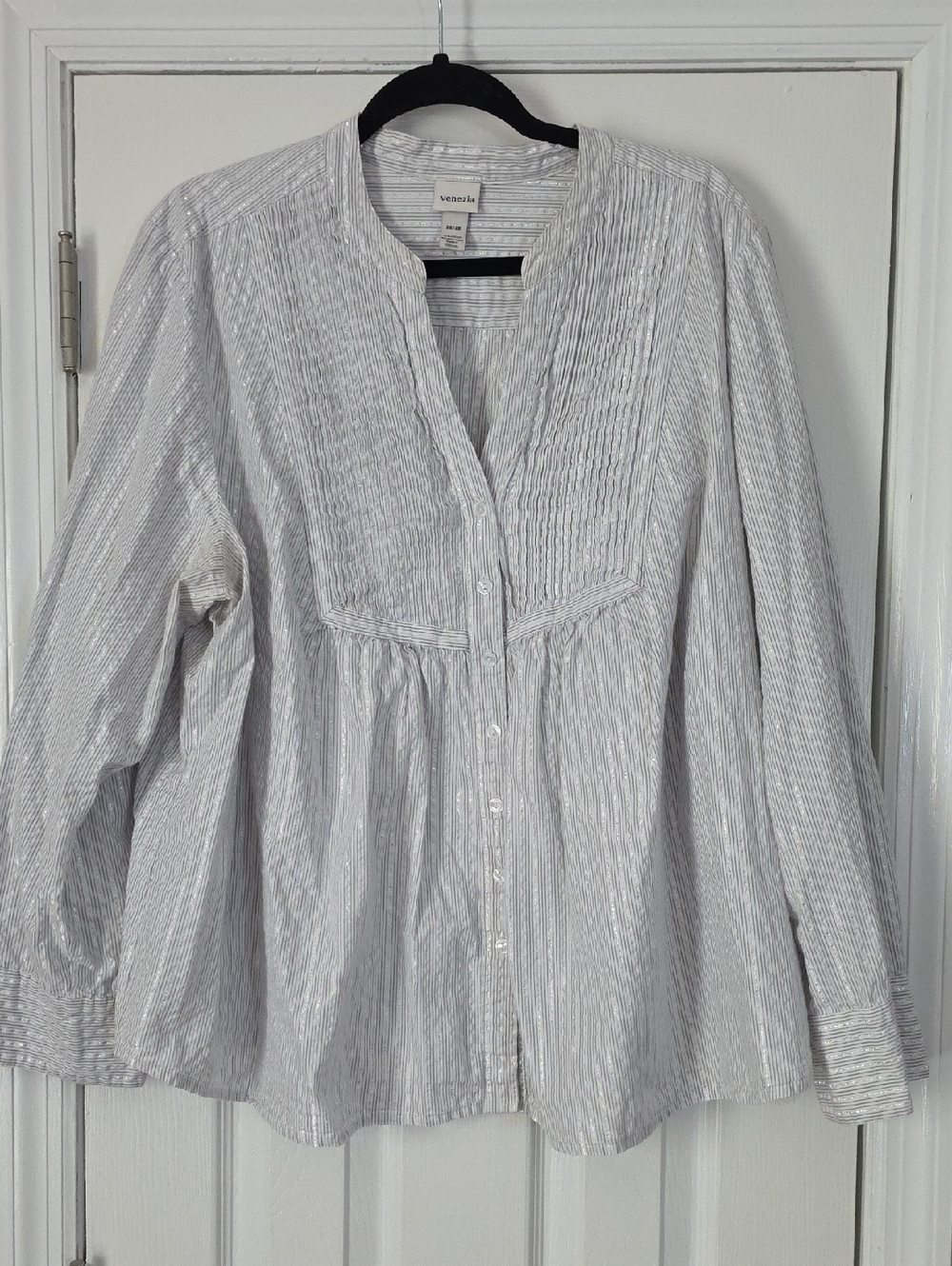 Venezia White and Gray Striped Pintuck Button-Front Top